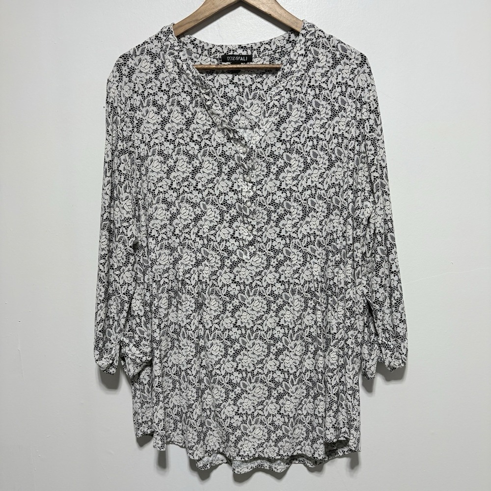 Roz & Ali Tunic Womens 3X Black Lace Print Stretch Knit Roll Tab Sleeves Flowy